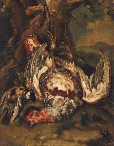 A woodcock and a bullfinch tied to a tree; and A partridge and a great tit tied to a tree by Ferdinand Phillip de Hamilton
