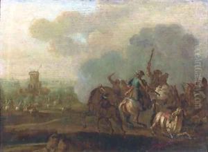 A cavalry skirmish, a fortress beyond by Jan von Huchtenburgh