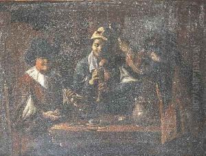Peasants making music in an interior by Matheus van Helmont