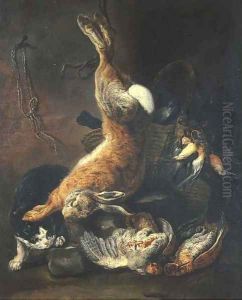 A hunting still life with a hare hanging from a rope by a stone wall by Nicolaas Van Herp