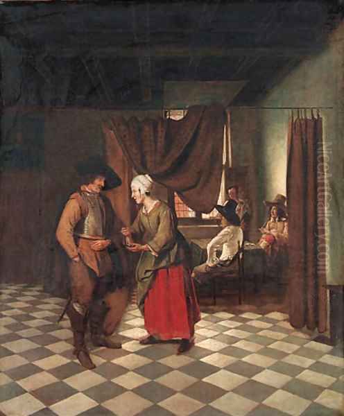 An interior with a soldier paying a servant - view 1