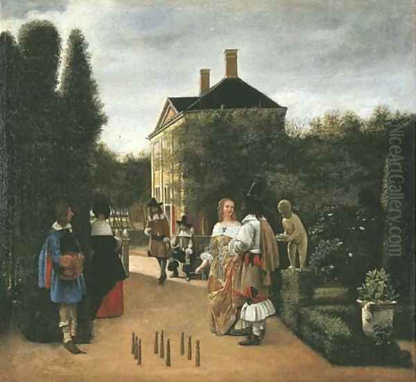 Elegant figures playing skittles in a landscaped park - view 1