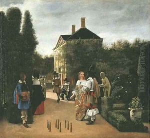 Elegant figures playing skittles in a landscaped park