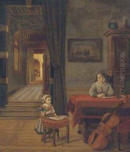 A mother and child in an interior by Pieter De Hooch