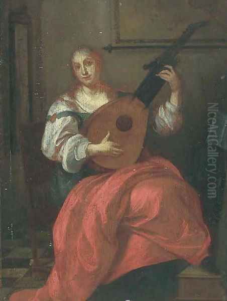 A lady playing a lute in an interior - view 1
