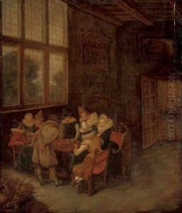 Elegant company conversing at a table in an interior