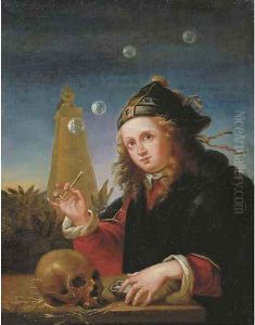 A young boy blowing soap bubbles by Reinier De La Haye