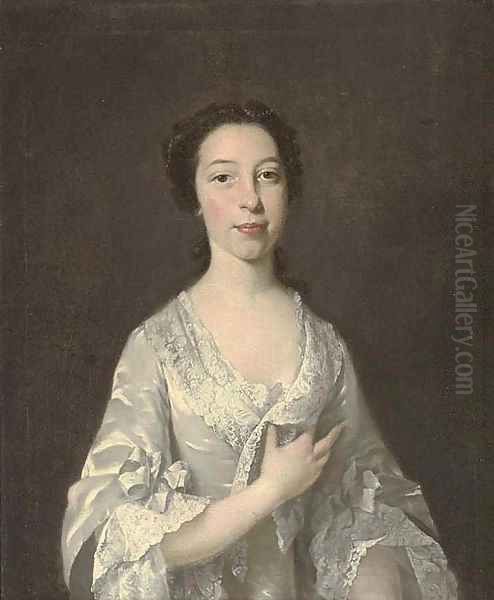Portrait of a lady, half-length, in an oyster satin dress with lace trim, pearls in her hair - view 1