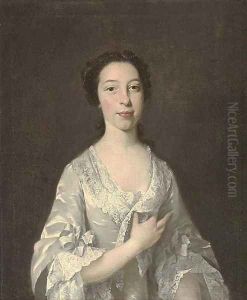 Portrait of a lady, half-length, in an oyster satin dress with lace trim, pearls in her hair by Thomas Hudson