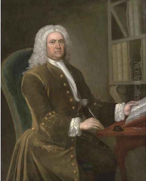 Portrait of a gentleman, seated three-quarter-length, in a green coat, holding a quill in his right hand, a book in his left - view 1