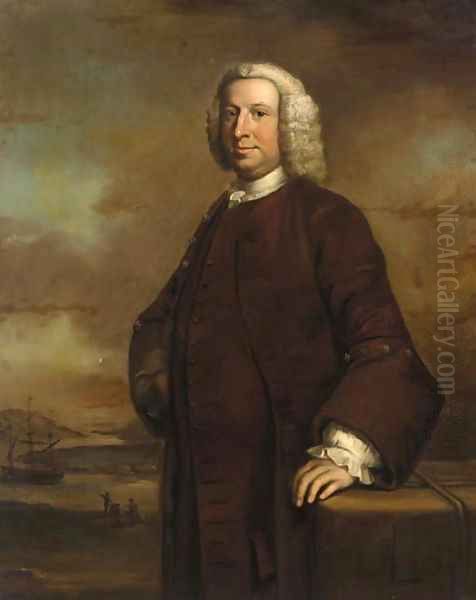 Portrait of a gentleman, standing three-quarter-length, in a brown coat and waistcoat, in a river landscape with a ship beyond - view 1