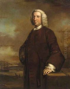 Portrait of a gentleman, standing three-quarter-length, in a brown coat and waistcoat, in a river landscape with a ship beyond