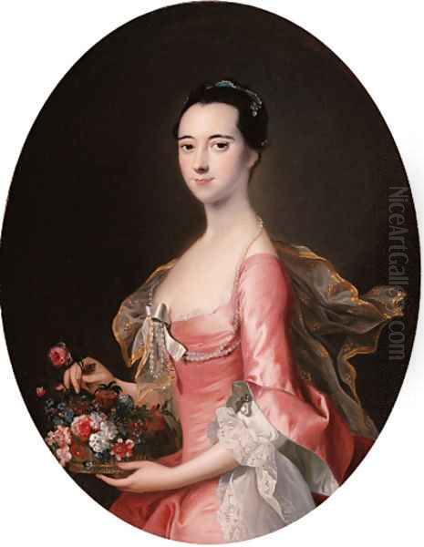 Portrait of a lady, three-quarter-length, in a pink dress, holding a basket of flowers - view 1