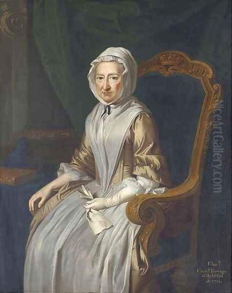 Portrait of Elizabeth, Countess Dowager of Aylesford, seated three-quarter-length, in a beige and white dress and a white headscarf, in an interior - view 1
