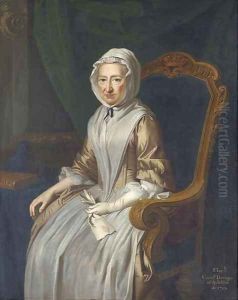 Portrait of Elizabeth, Countess Dowager of Aylesford, seated three-quarter-length, in a beige and white dress and a white headscarf, in an interior by Thomas Hudson