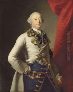 Portrait of John Rolle Walter, three-quarter-length, in a blue-lined coat with gold trimming and a blue and gold waistcoat, beside a curtain by Thomas Hudson