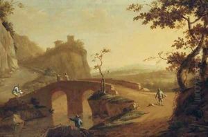 A landscape with travellers crossing a bridge, a hilltop house beyond by Willem de Heusch
