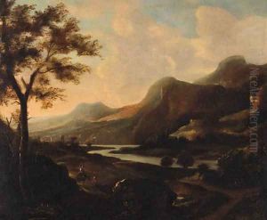 A Valley at sunset with Peasants on a Track by Willem de Heusch