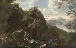 An extensive mountainous landscape with travellers and their cattle by a waterfall by Willem de Heusch