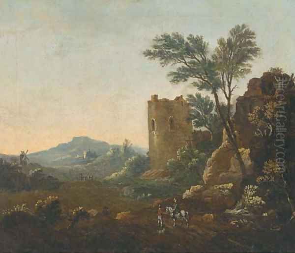 An Italianate landscape with travellers on a track, a ruined castle beyond - view 1