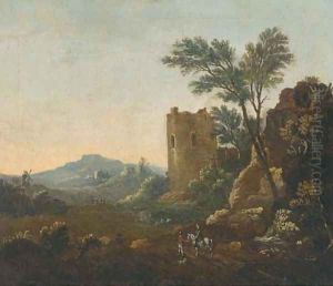 An Italianate landscape with travellers on a track, a ruined castle beyond by Willem de Heusch