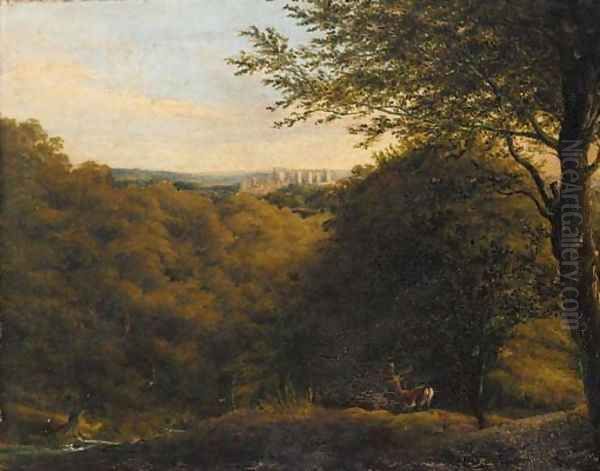 Deers in a wooded landscape, a hilltop castle beyond - view 1
