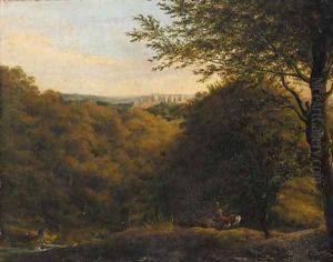Deers in a wooded landscape, a hilltop castle beyond