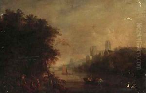 Loggers on the banks of the Wear, Durham Cathedral beyond