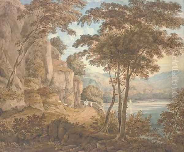 Travellers on a road by a lake, mountains beyond - view 1