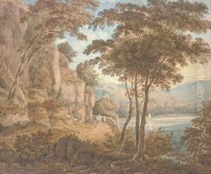 Travellers on a road by a lake, mountains beyond