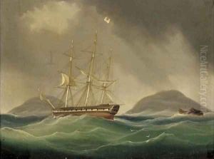 A frigate hove-to and riding her anchors in a gale by William John Huggin
