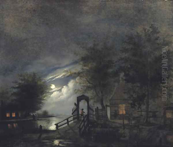 A moonlit river landscape - view 1