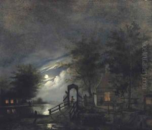 A moonlit river landscape by Bernardus Hagedoorn
