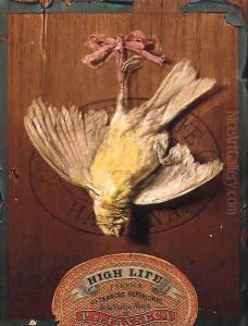 A hanging bird on the lid of a cigar box a trompe-l'oeil by Friedrich Heimerdinger