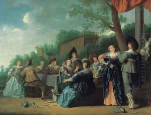 Elegant company feasting in an ornamental garden, a palace beyond