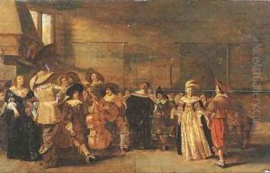 Elegant company making music in an interior by Dirck Hals