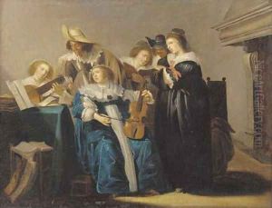 An elegant company making music in an interior by Dirck Hals