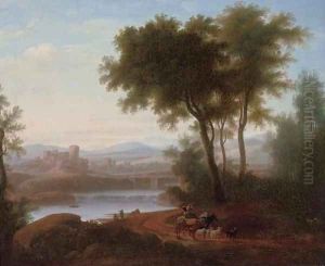 An Italianate river landscape with a drover playing a flute, his cattle on a track, a fisherman beyond