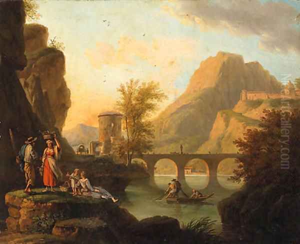 A mountainoius River Landscape with Fisherfolk conversing on a Bank, a Bridge beyond - view 1