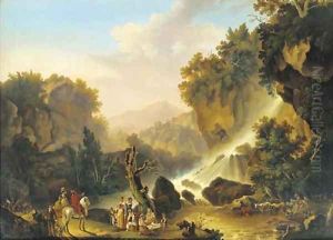A river landscape with a waterfall, a drover and his cattle, washerwomen and travellers at halt