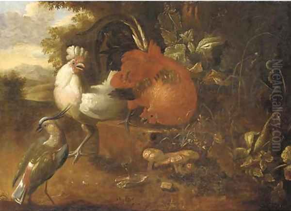 Cockerels on a stone block with a lapwing in a wooded landscape - view 1