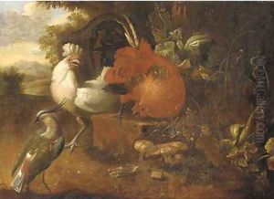 Cockerels on a stone block with a lapwing in a wooded landscape
