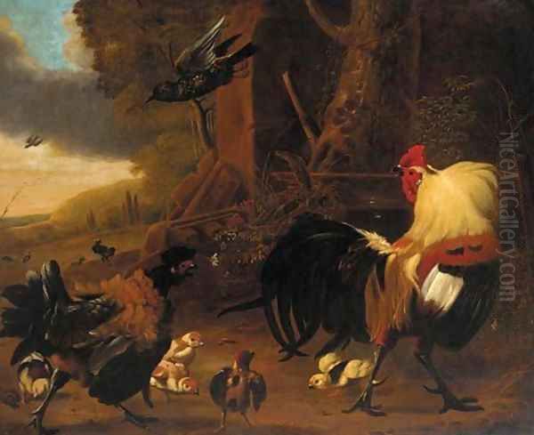 Two cockerels, chicks and other birds in a landscape - view 1