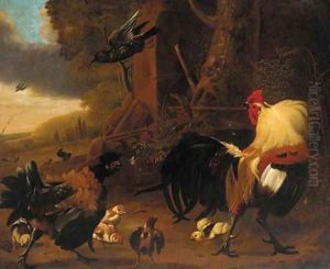 Two cockerels, chicks and other birds in a landscape