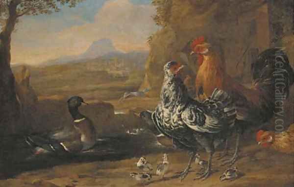 A turkey, roosters, ducks and goslings in a farmyard - view 1