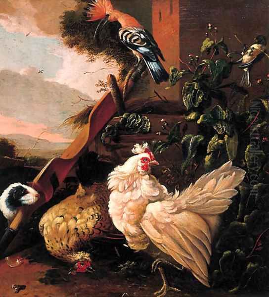 Poultry by a yoke and a well on a farmyard - view 1