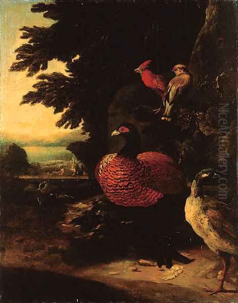 Poultry on a riverbank by a cliff, a landscape beyond - view 1