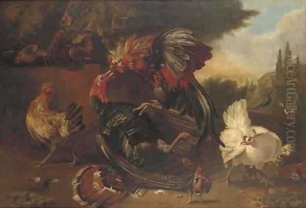 Turkeys and chickens in a landscape - view 1