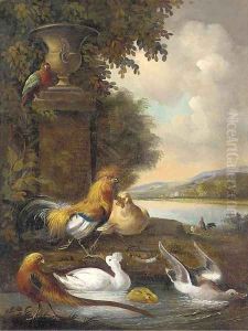 Cockerels, a hen, ducks, a pheasant, and a parakeet, in a river landscape