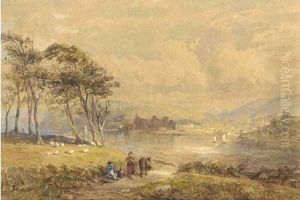Figures resting beside a lake, a town in the distance